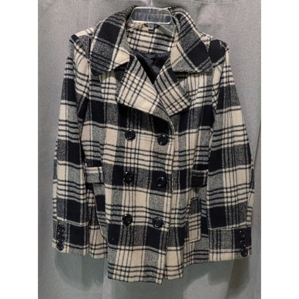 George Pea Coat Women Large 12-14 Black White Plaid Double Breasted GL00200Y